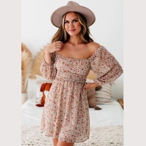 Le Lis Collection Floral Tie-Back Dress Taupe Rural Print Size M NWT